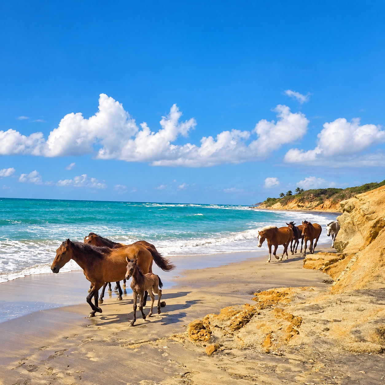 Horses and a foal walking along a Caribbean beach